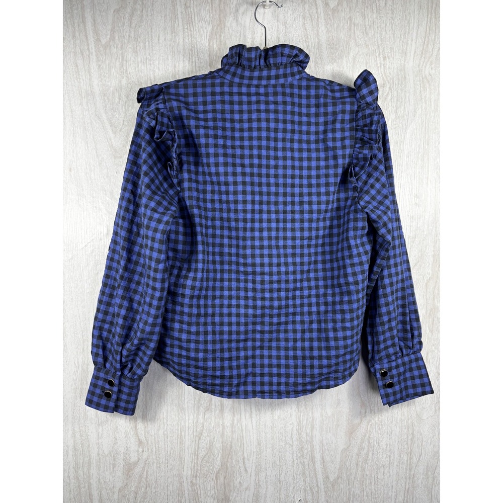 Mango MNG Gingham Shirt L Blue Black Cotton Preppy Button Up NWT Classic - Picture 3 of 7